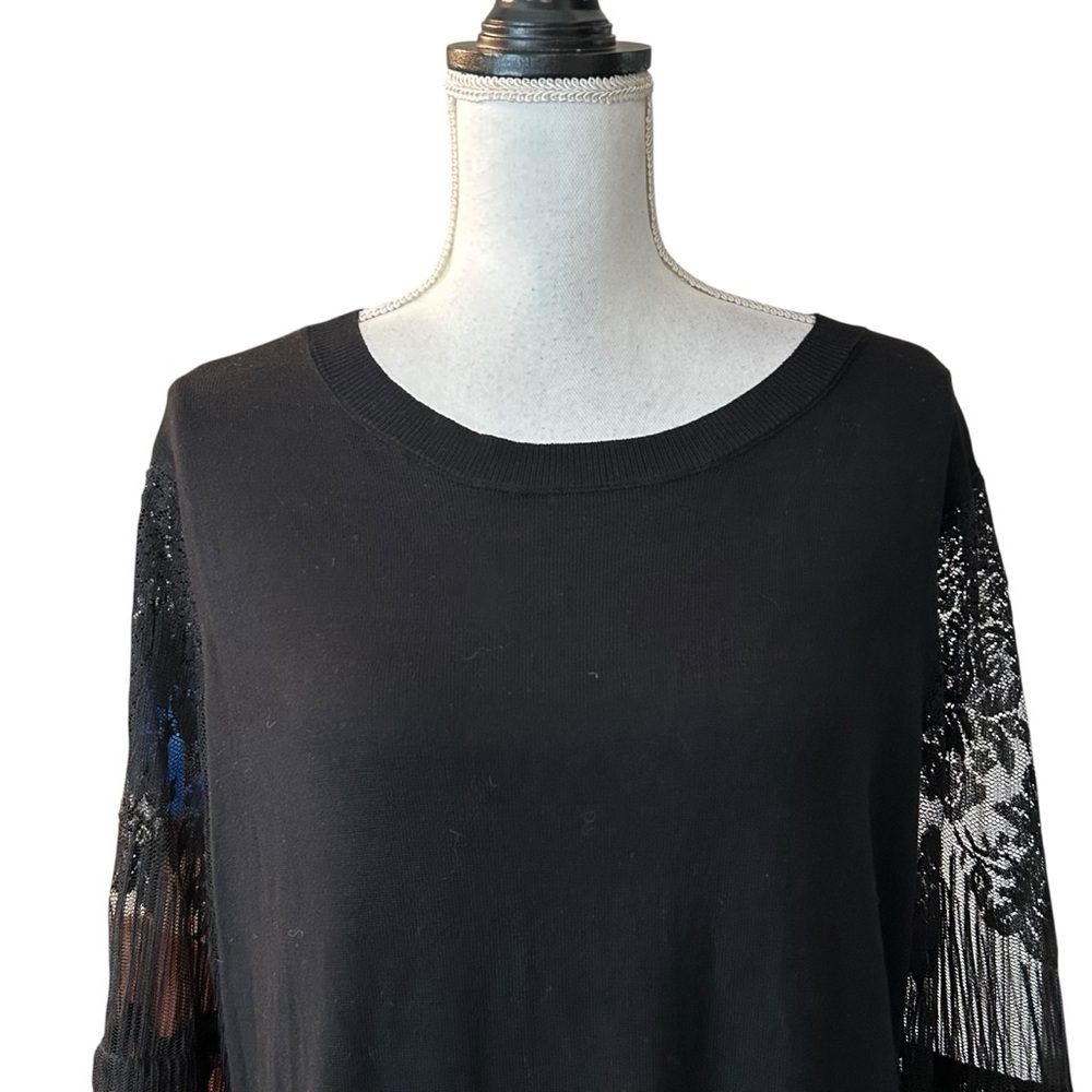 NY Collection Sheer Lace Sleeve Sweater Knit Cocktail Dress SZ XL in Black NEW - Picture 2 of 7